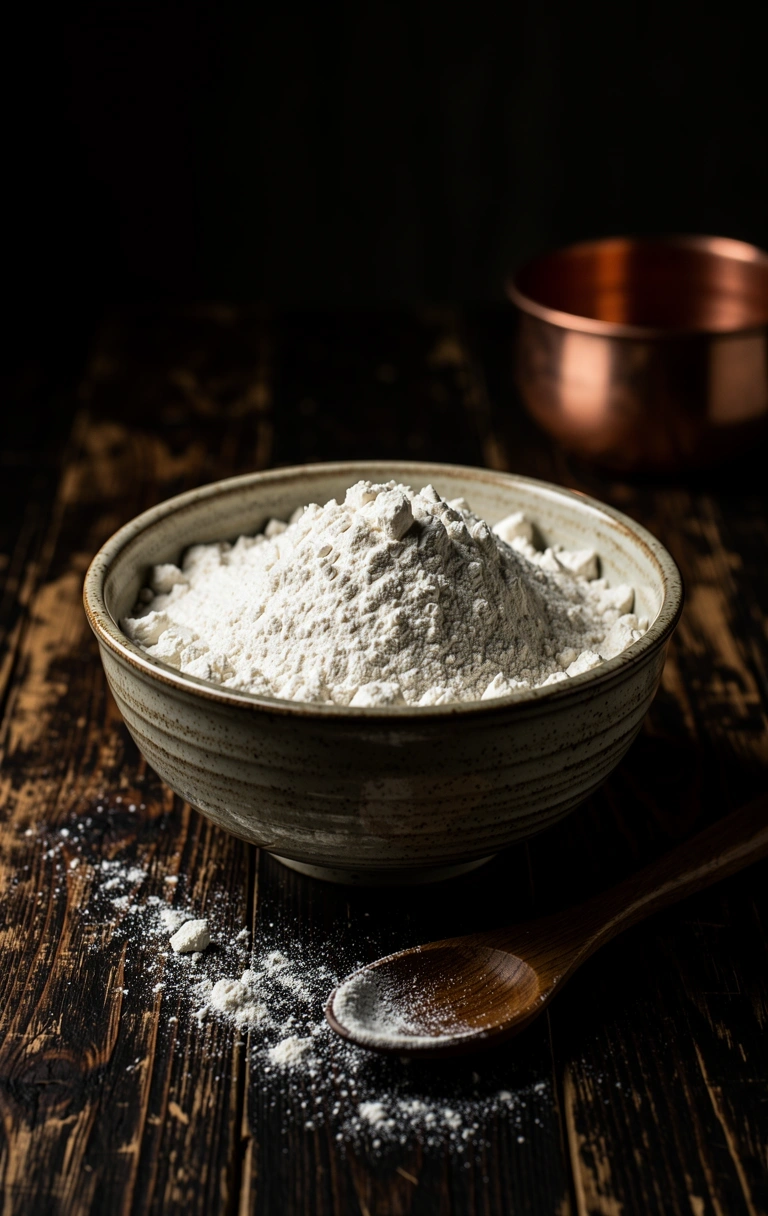 Mąka na ciemnym drewnianym blacie w miękkim świetle